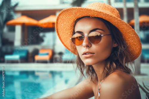 beauty woman in hat and sunglasses enjoying with her summer vacation at swimming pool. generative AI.