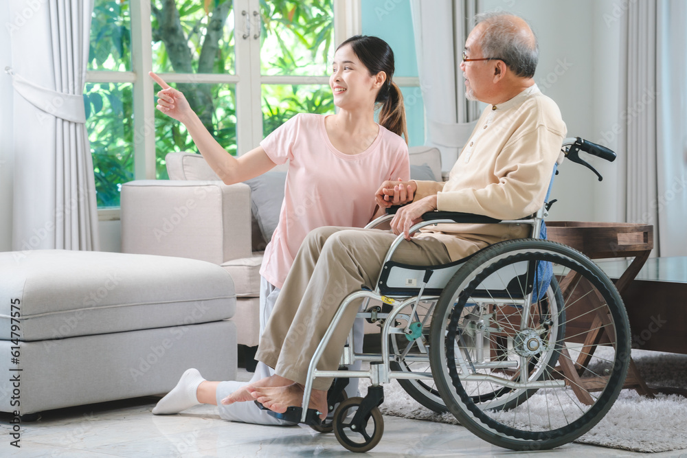 Asian family health care and insurance business at home concept, woman daughter take care support to senior elderly father patient in wheelchair together, dad having smile in happy love lifestyle Asian family health care and insurance business at home concept, woman daughter take care support to senior elderly father patient in wheelchair together, dad having smile in happy love lifestyle