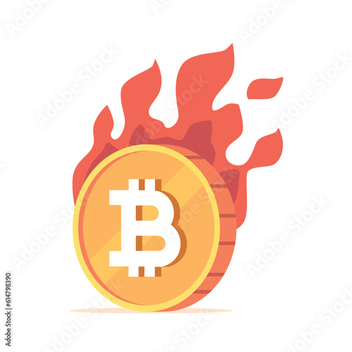 Fiery Bitcoin Coin Engulfed In Flames, Symbolizing The Volatile Nature Of Cryptocurrency, Representing Value, Investment