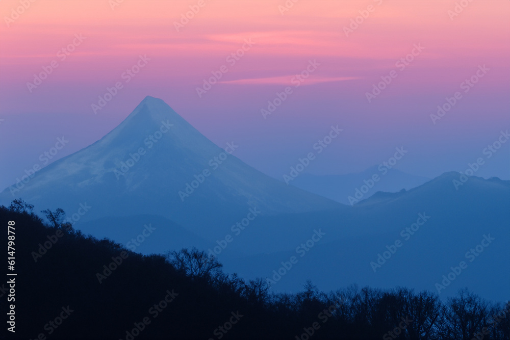View of landscape nature and mountain with sunlight and sunset or sunrise