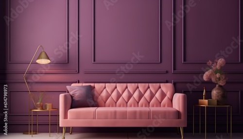 Fototapeta Naklejka Na Ścianę i Meble -  Modern classic style with pink sofa and gold table on purple wall background.3d rendering
