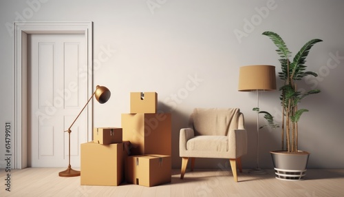 Relocation,Furniture in boxes.Moving to new house service or concept for buying furniture delivery.3d rendering © Eli Berr