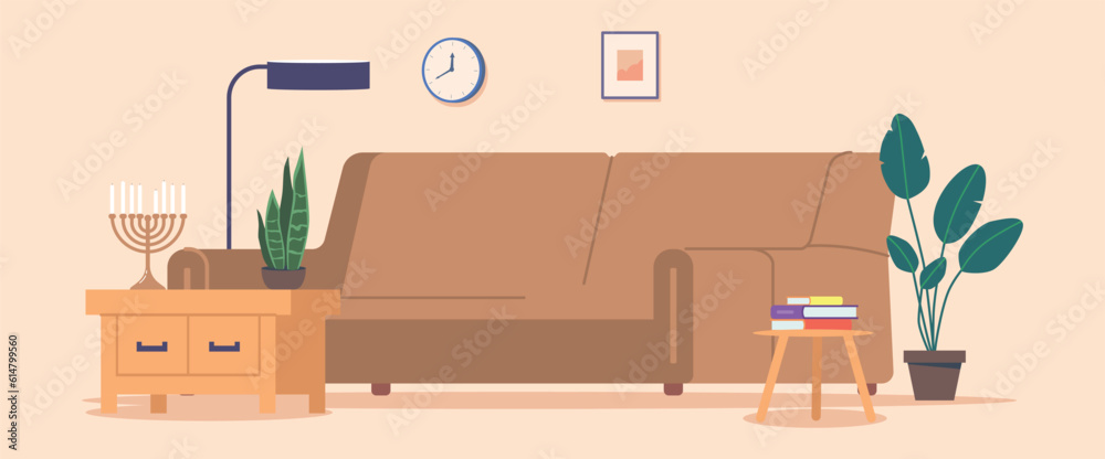 Warm And Inviting Jewish Living Room Adorned With A Menorah, Representing The Festival Of Hanukkah And Jewish Traditions Warm And Inviting Jewish Living Room Adorned With A Menorah, Representing The Festival Of Hanukkah And Jewish Traditions