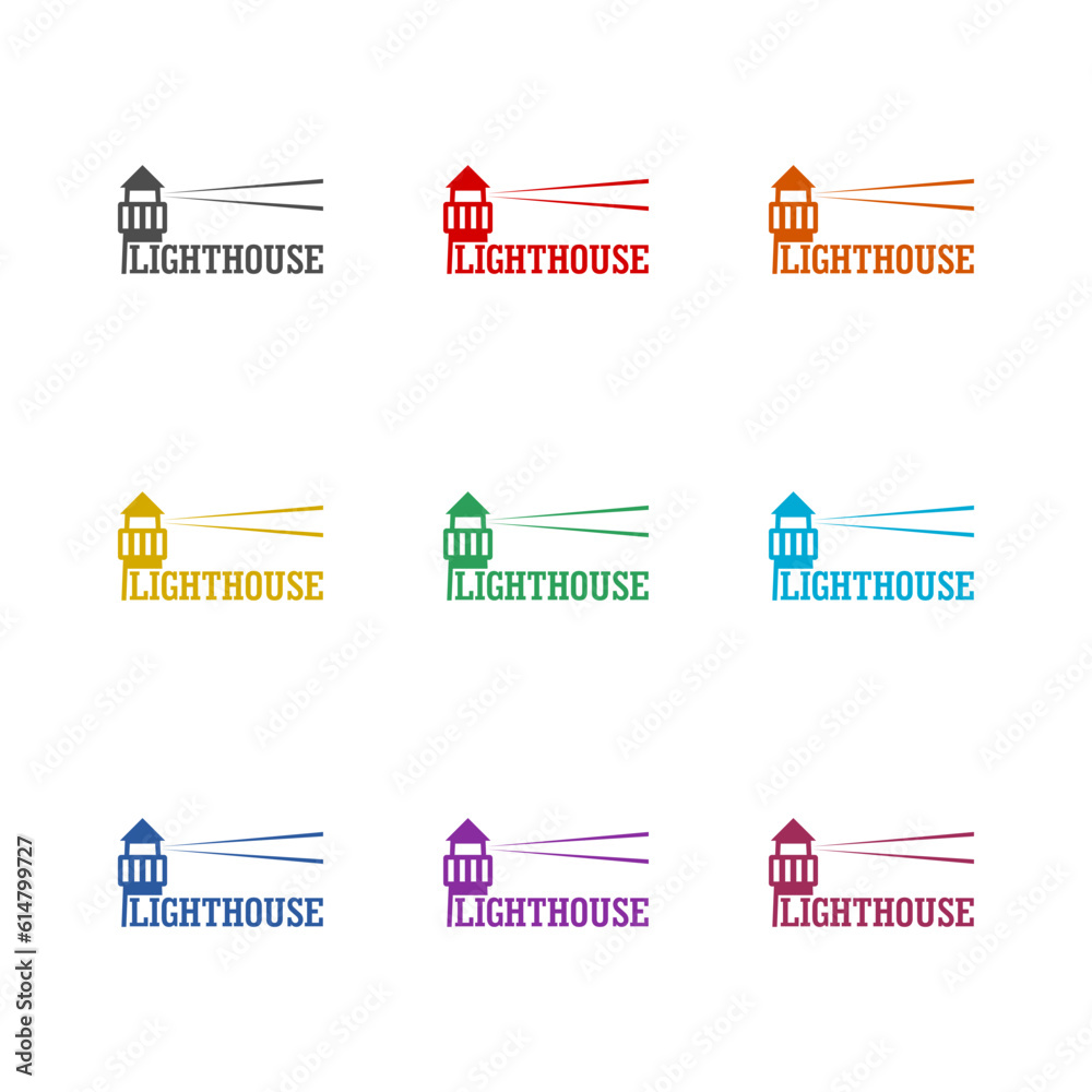 Lighthouse word logo icon isolated on white background. Set icons colorful - obrazy, fototapety, plakaty 