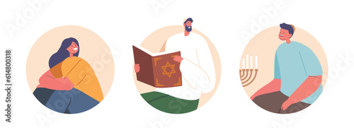 Isolated Round Icons or Avatars of Jewish Family Characters Father, Son and Daughter Reading The Torah With Reverence