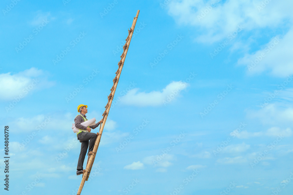 Asian business man engineer climbing up llong adder with blue sky, career growth and success concept