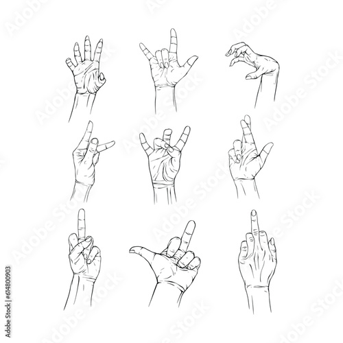 Set fuck, metal, good luck hand collection drawn gesture sketch vector illustration line art