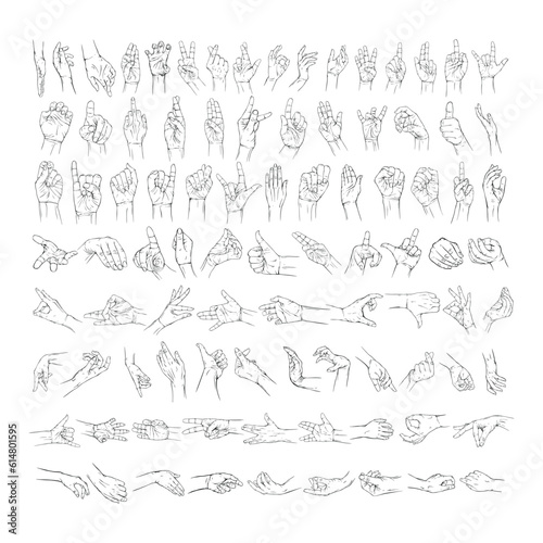 Set hand collection drawn gesture sketch vector illustration line art