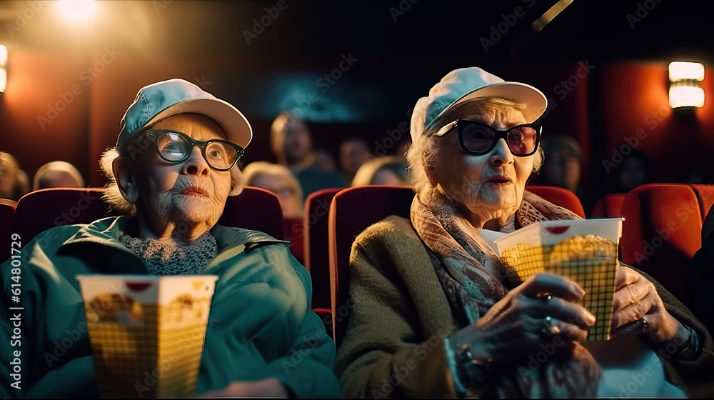 two senior ladies in baseball caps and young clothes watching a movie in the cinema while eating popcorn. Generative AI