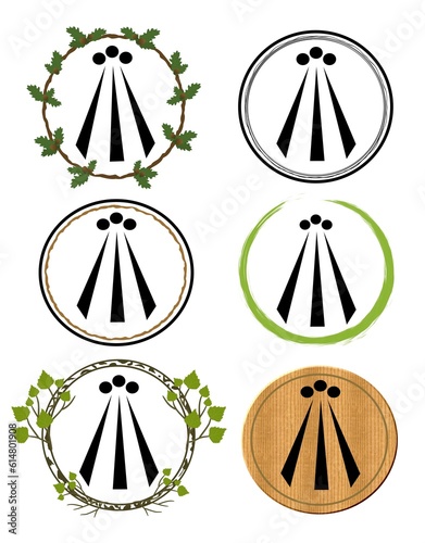 A set of six druid Awen symbols with oak leaves, birch leaves and wood