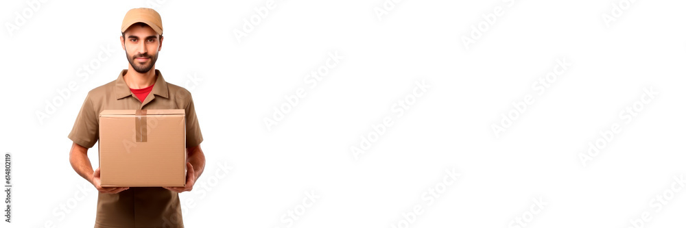 young handsome smiling delivery mailman person delivering parcel cardboard box. isolated on white background. very wide blank poster banner and space for text or ads. Generative AI young handsome smiling delivery mailman person delivering parcel cardboard box. isolated on white background. very wide blank poster banner and space for text or ads. Generative AI