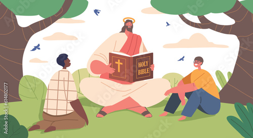 Jesus Character Spreading Wisdom And Love, Reading The Bible To Children On A Sunlit Summer Field, Vector Illustration
