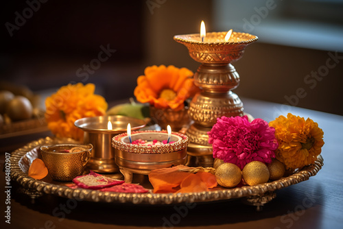 Beautifully decorated Pooja Thali for diwali worship celebration, having Indian sweets, lamp, flower. ai generative