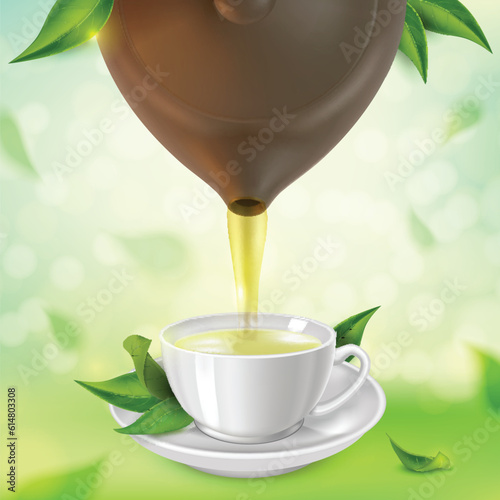 Realistic Detailed 3d Green Tea Fresh Loose Leaf Pure Taste Concept Background with Teapot Pouring Tea into Cup. Vector illustration