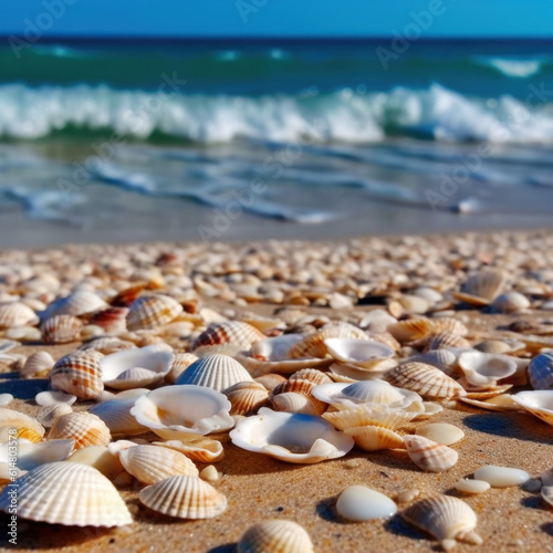 Colored shells on the shore of the blue sea. Summer sunny day. Generative AI