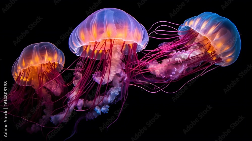 The mesmerizing elegance of jellyfish as they gracefully drift through the ocean depths. dark background. generative ai The mesmerizing elegance of jellyfish as they gracefully drift through the ocean depths. dark background. generative ai