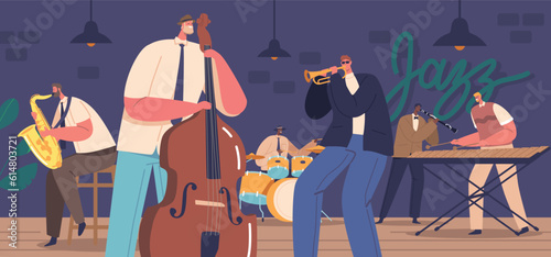 Dynamic Jazz Band Characters Performing Live On Stage, Captivating The Audience With Rhythmic Melodies, Illustration