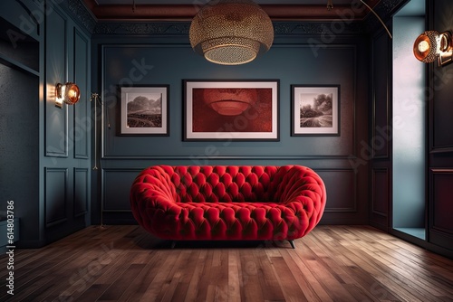The room's walls and wood floor are accented by the crimson sofa in the center. Generative AI