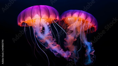 The mesmerizing elegance of jellyfish as they gracefully drift through the ocean depths. dark background. generative ai
