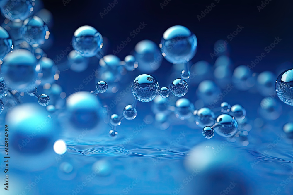Abstract glass molecules floating in blue fluid background with selective focus - environment, water or clean energy concept
