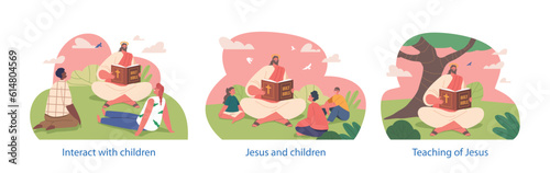 Isolated Elements with Jesus Character Sharing The Teachings Of The Holy Bible With Children On A Sunny Summer Field
