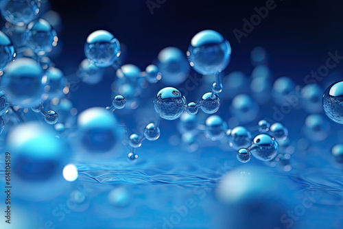 Abstract glass molecules floating in blue fluid background with selective focus - environment  water or clean energy concept