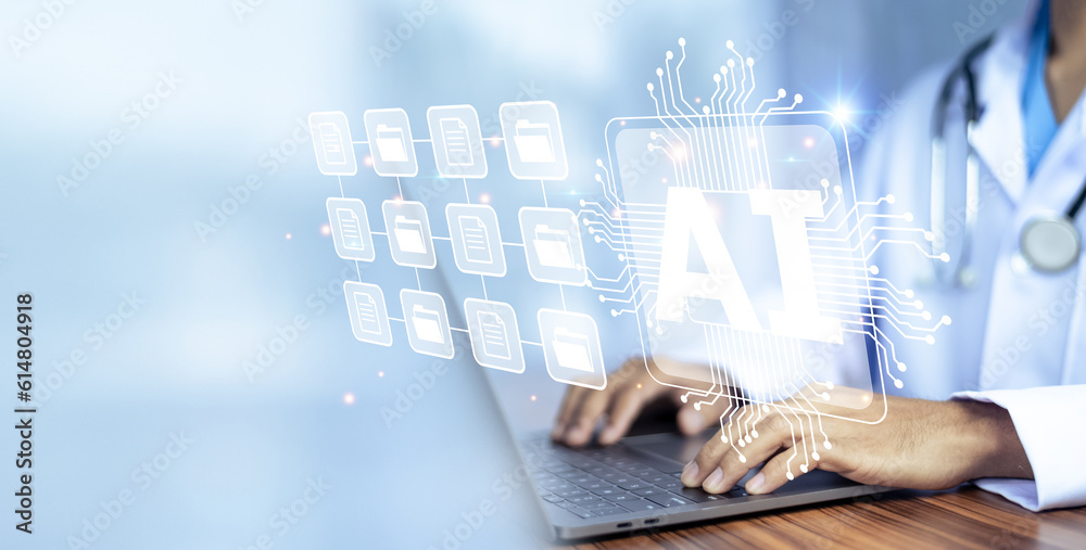 Doctor AI, artificial intelligence in modern medical technology and IOT automation. Doctor using AI document management concept.