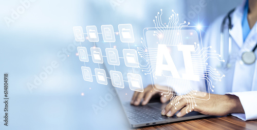 Obraz na płótnie Doctor AI, artificial intelligence in modern medical technology and IOT automation. Doctor using AI document management concept. w salonie