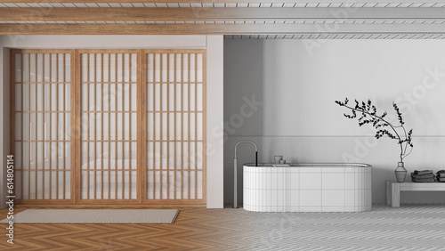 Fototapeta Naklejka Na Ścianę i Meble -  Architect interior designer concept: hand-drawn draft unfinished project that becomes real, minimal japandi bathroom. Paper sliding door. Bathtub and parquet. Modern style