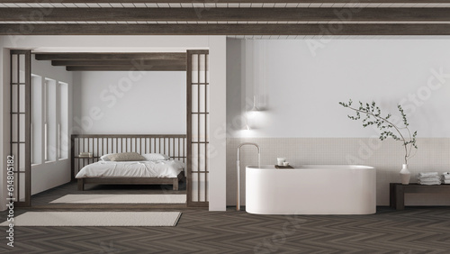 Japandi bathroom and bedroom in dark wooden and white tones. Freestanding bathtub  master bed with duvet and herringbone parquet floor. Minimal interior design