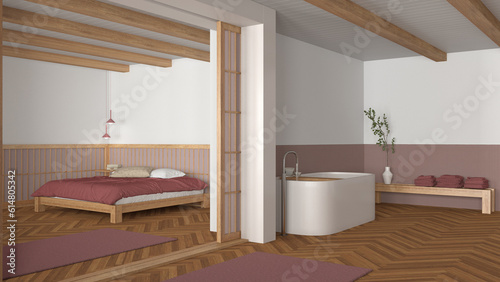 Japandi bathroom and bedroom in wooden and red tones. Freestanding bathtub, master bed with duvet and herringbone parquet floor. Minimal interior design