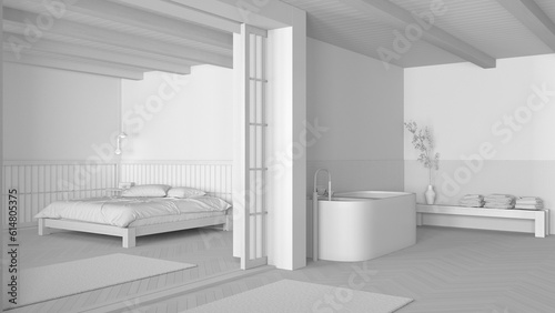 Total white project draft, japandi bathroom and bedroom. Freestanding bathtub, master bed with duvet and herringbone parquet floor. Minimal interior design