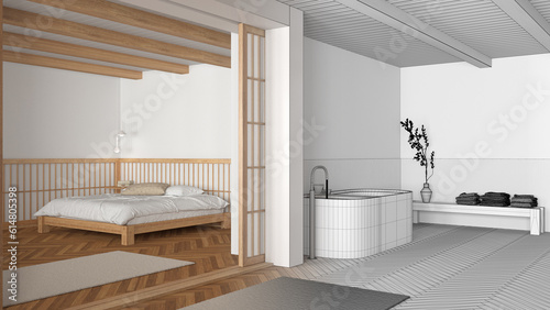 Architect interior designer concept  hand-drawn draft unfinished project that becomes real  japandi bathroom and bedroom. Bathtub  master bed and parquet. Minimal style