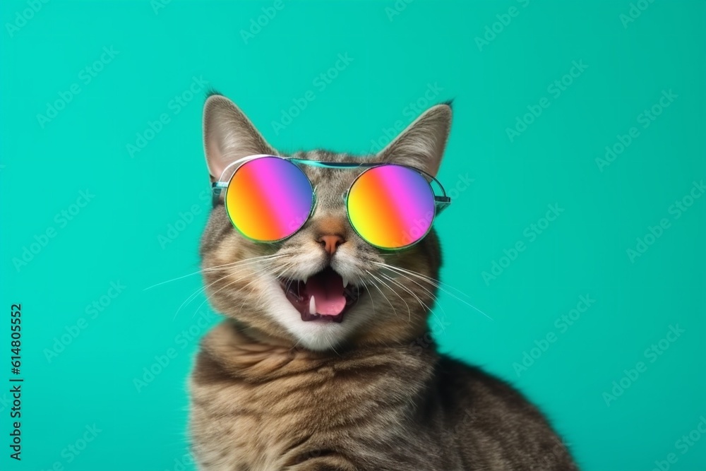 sunglasses fashion cute colourful neon pet cat funny portrait animal. Generative AI. sunglasses fashion cute colourful neon pet cat funny portrait animal. Generative AI.