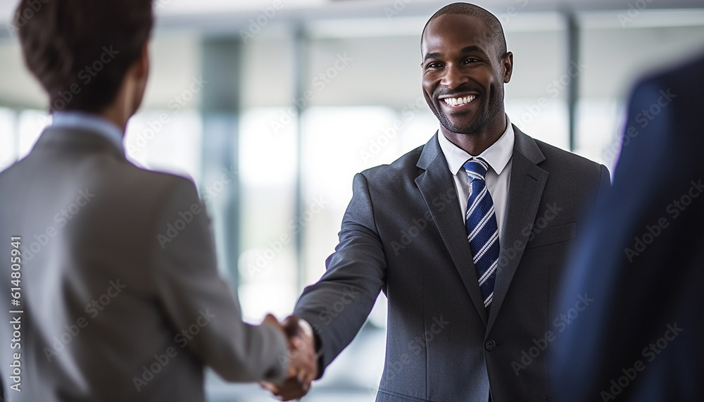 © annebel146 - Two happy mature business men shaking hands in office. Successful african american businessman in formal clothing closing deal with handshake. Multiethnic businessmen shaking hands during a meeting. © annebel146 - Two happy mature business men shaking hands in office. Successful african american businessman in formal clothing closing deal with handshake. Multiethnic businessmen shaking hands during a meeting.