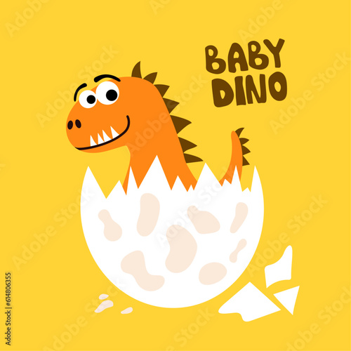 Cute dino hatching from the egg children doodle print, vector illustration. Good for T-shirt print, poster, card.