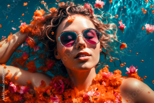 portrait of beauty girl in sunglasses swimming in pool surrounded by petals of flowers. resort concept. generative AI