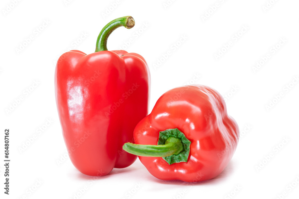 Two Fresh Red Sweet Bell Peppers Isolated on White Background Two Fresh Red Sweet Bell Peppers Isolated on White Background