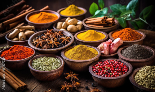 Various aromatic colorful spices and herbs. Ingredients for cooking. Ayurveda treatments.