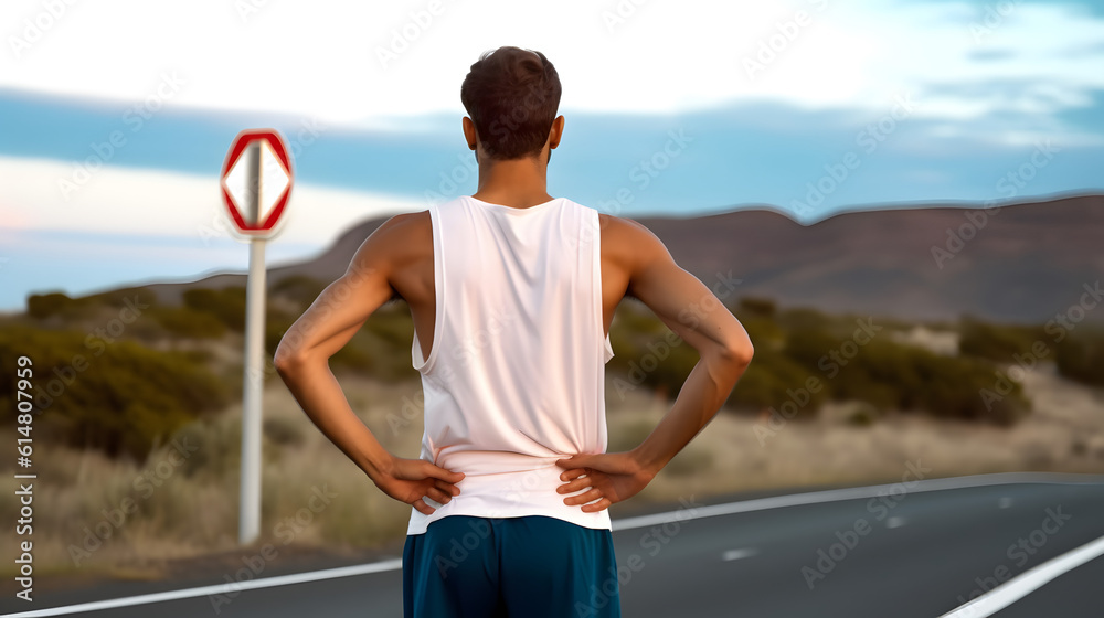 Man suffering from low back pain while doing walking exercise. AI ...