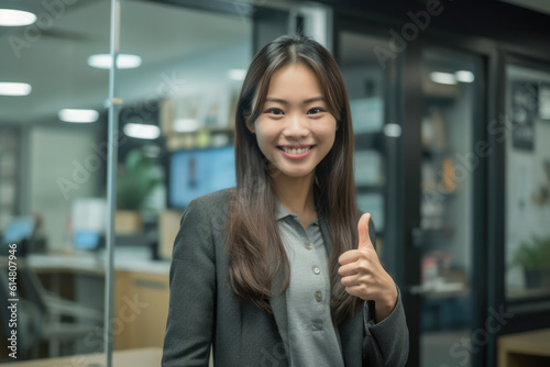 Close up of a woman at work smiling with a thumb up. Generative AI