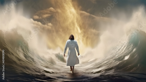 Jesus Christ walking on water. Storm with huge waves. AI generated