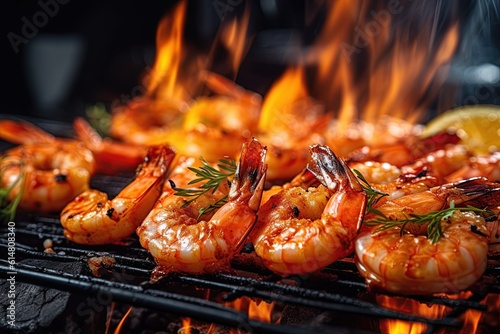 Shrimps cooked on barbecue over the hot coals and fire. Generative Ai image
