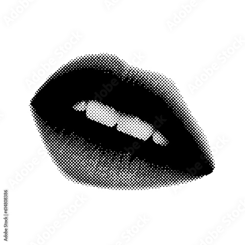 Halftone Female lips print. Isolated vector illustration.
