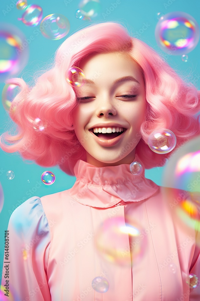 Fototapeta premium A joyful woman with pink hair poses in front of delightful floating bubbles: capturing playful smiling glow and individuality of innovative, colorful style