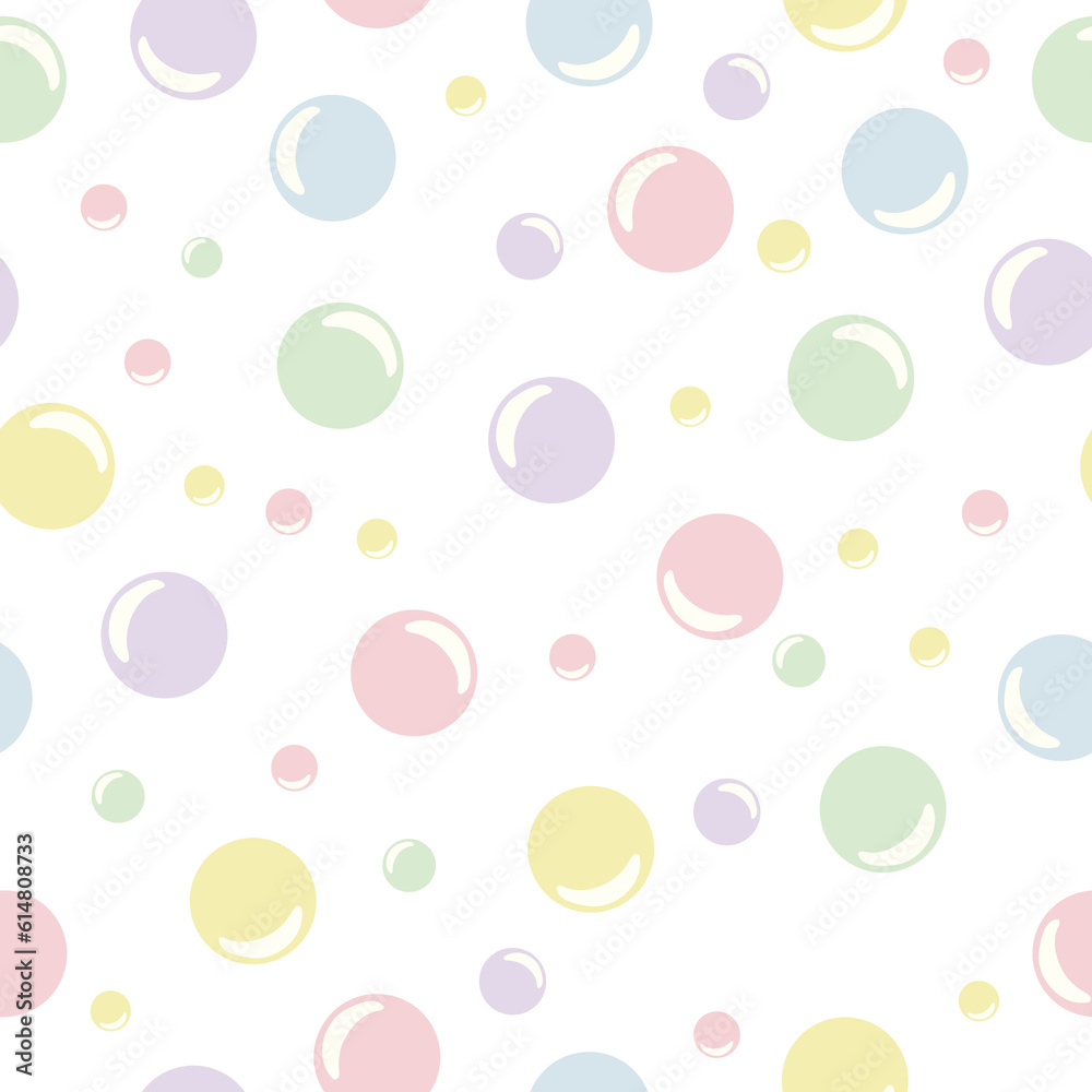 Cheerful colored soap bubbles, childish seamless pattern in soft pastel colors