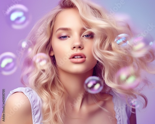 Glimmering beauty: charming blonde woman with bubbles of joy - long eyelashes, natural lips and alluring long hair create a stylish, fashionable look