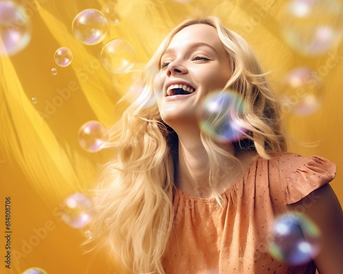 Joyful girl in spontaneous bubble moment - portrait of smiling woman wearing casual clothing