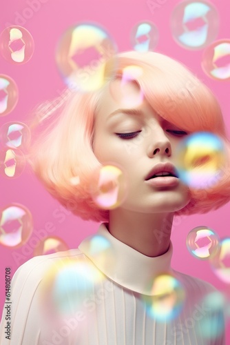 Modern woman - fresh expression of beauty and fun with pink hair and bubbles; person in fashionable pose showing colorful and joyous youthful vibes