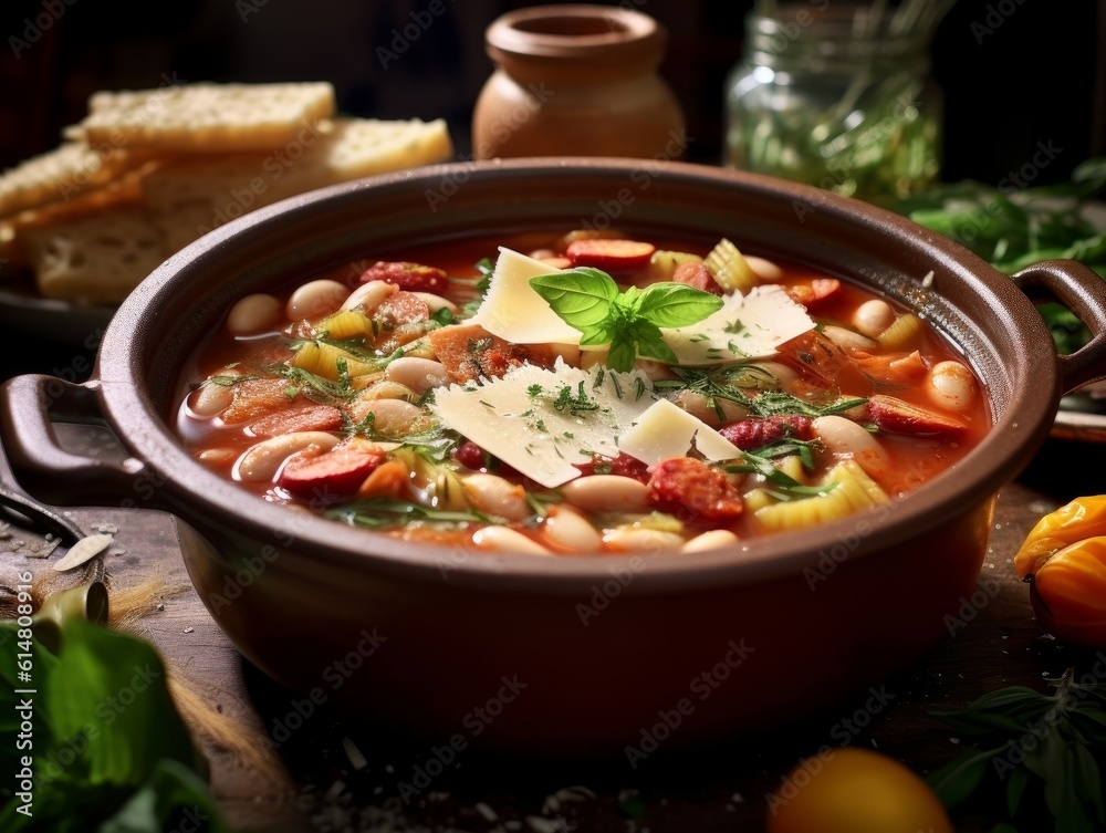 Pasta e Fagioli served in a rustic bowl, surrounded by fresh ingredients like tomatoes and basil Pasta e Fagioli served in a rustic bowl, surrounded by fresh ingredients like tomatoes and basil